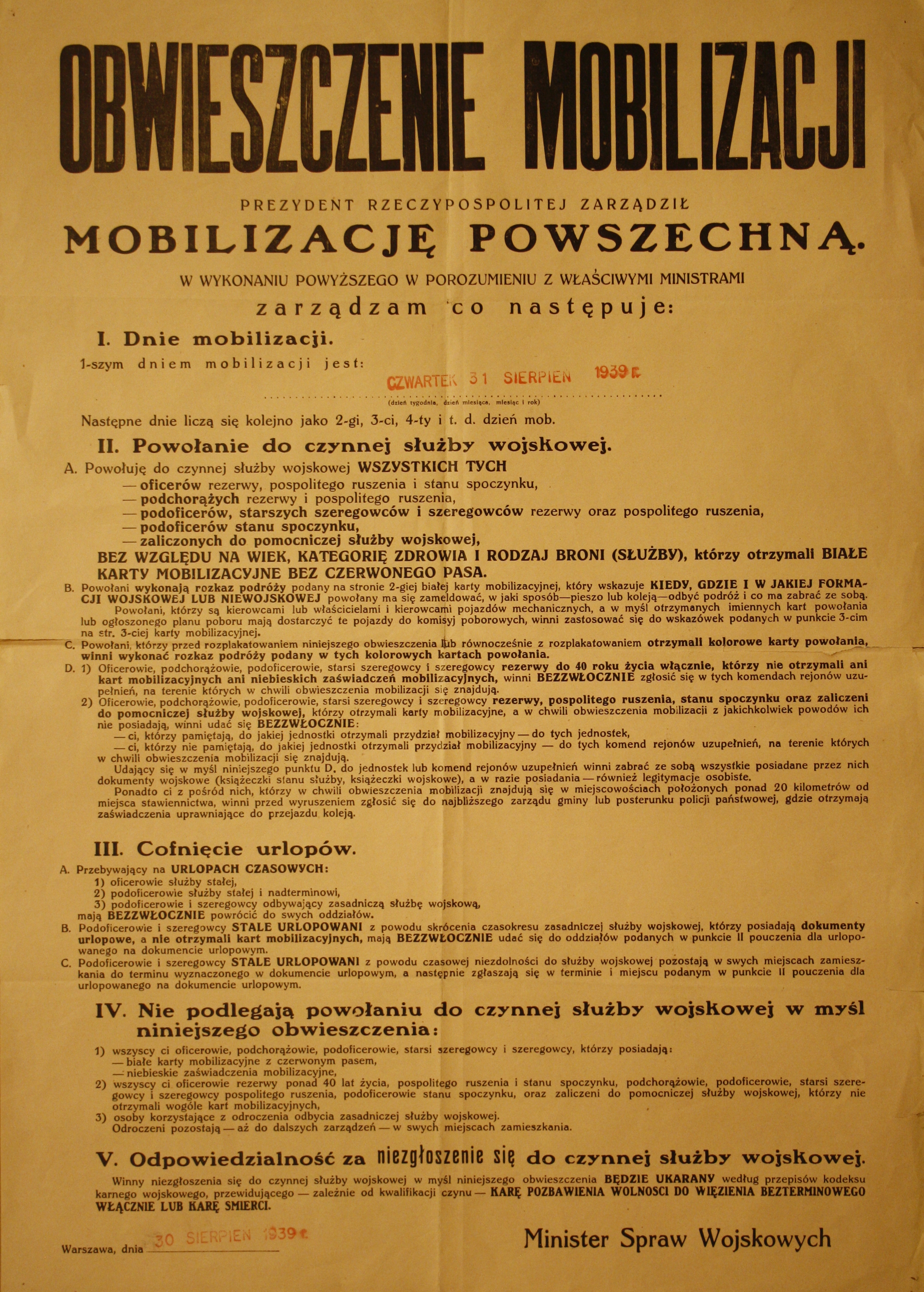 Afisz mobilizacji powszechnej do Wojska Polskiego w 1939 r.